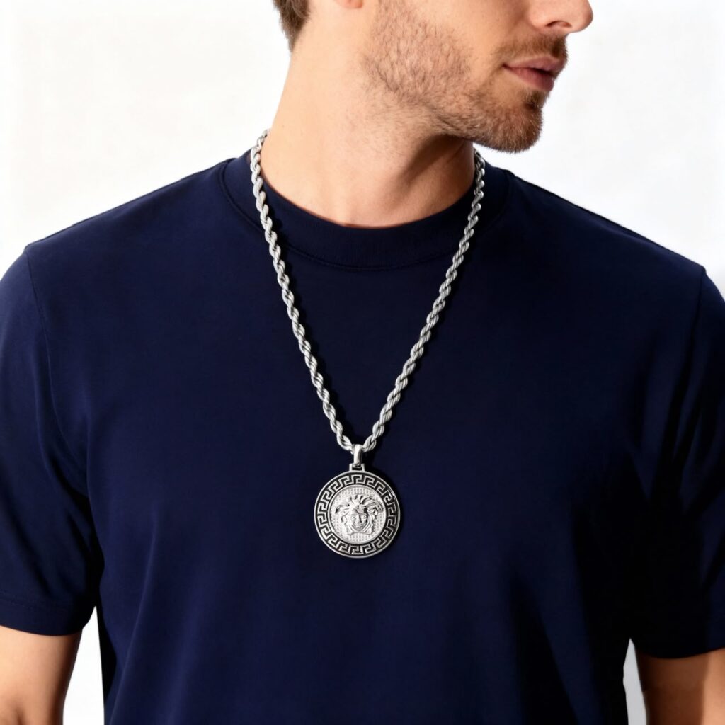 Man wearing Zayna silver rope necklace and pendant